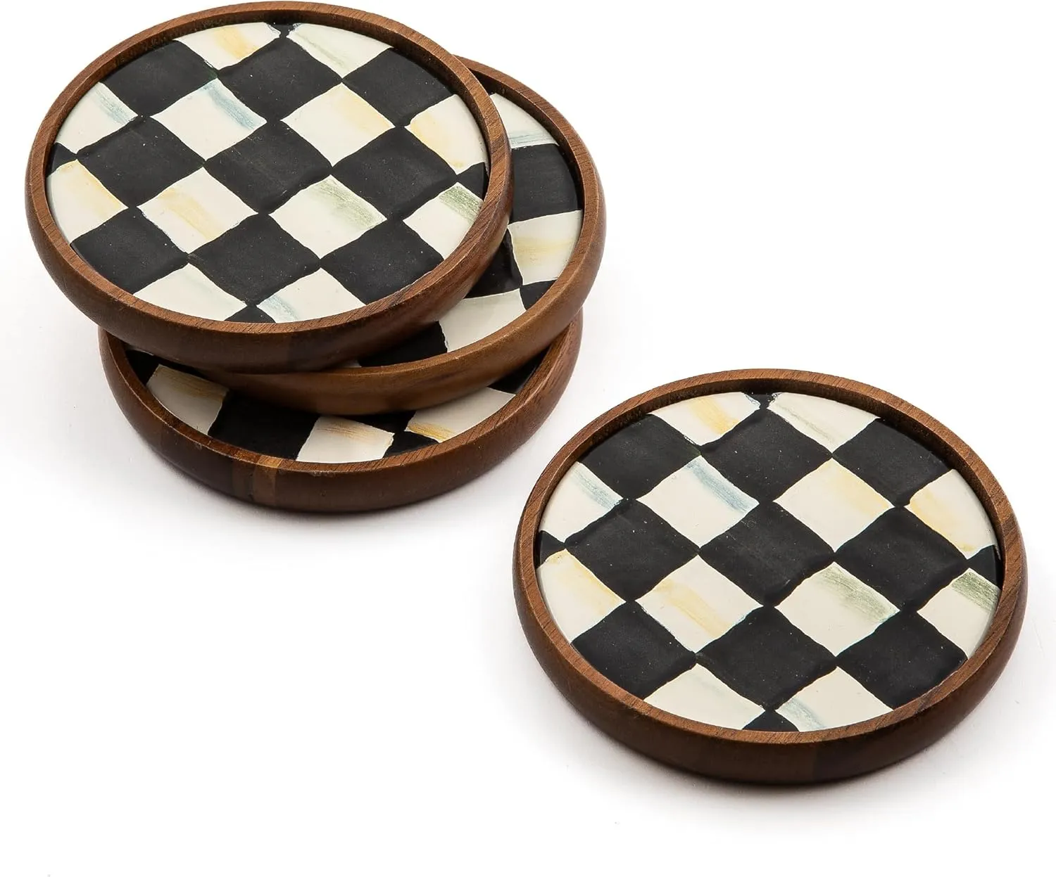 MacKenzie-Childs Courtly Check Round Enamel Coasters, Table Coasters for Drinks, Set of 4