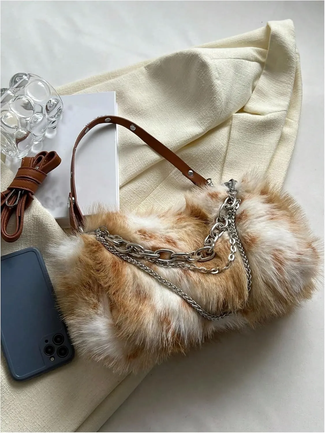 MakeMeChic Women's Faux Fur Hobo Bag Top Handle Fuzzy Shoulder Handbags Plush Square Bags Purse