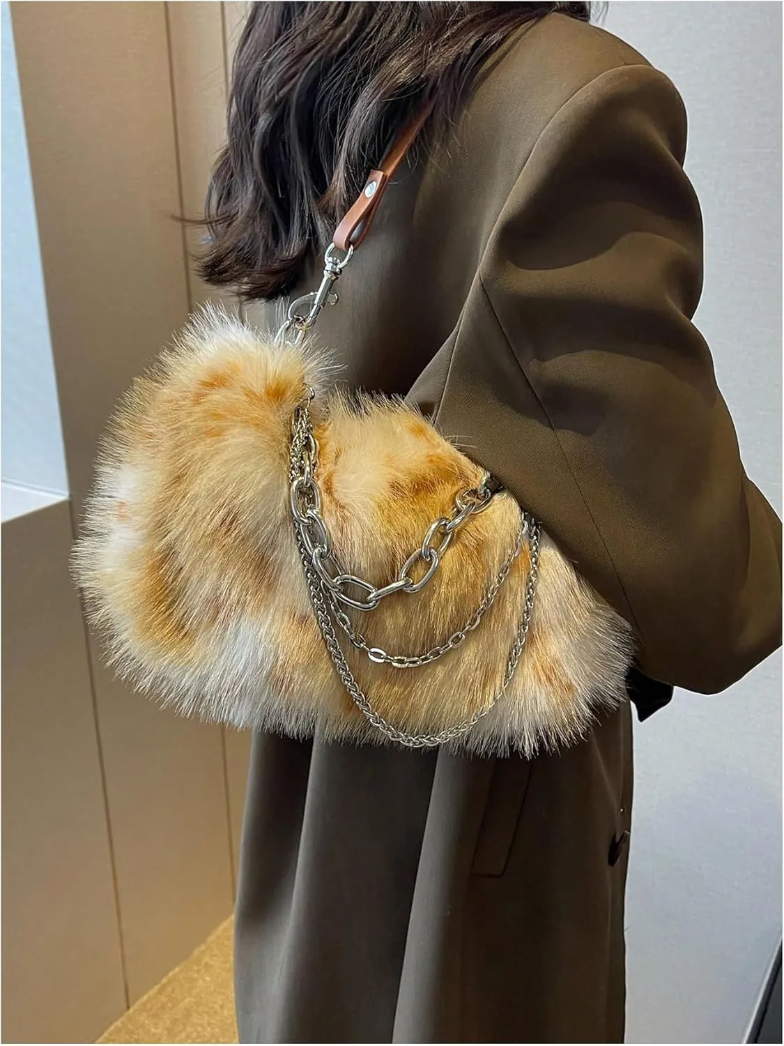 MakeMeChic Women's Faux Fur Hobo Bag Top Handle Fuzzy Shoulder Handbags Plush Square Bags Purse