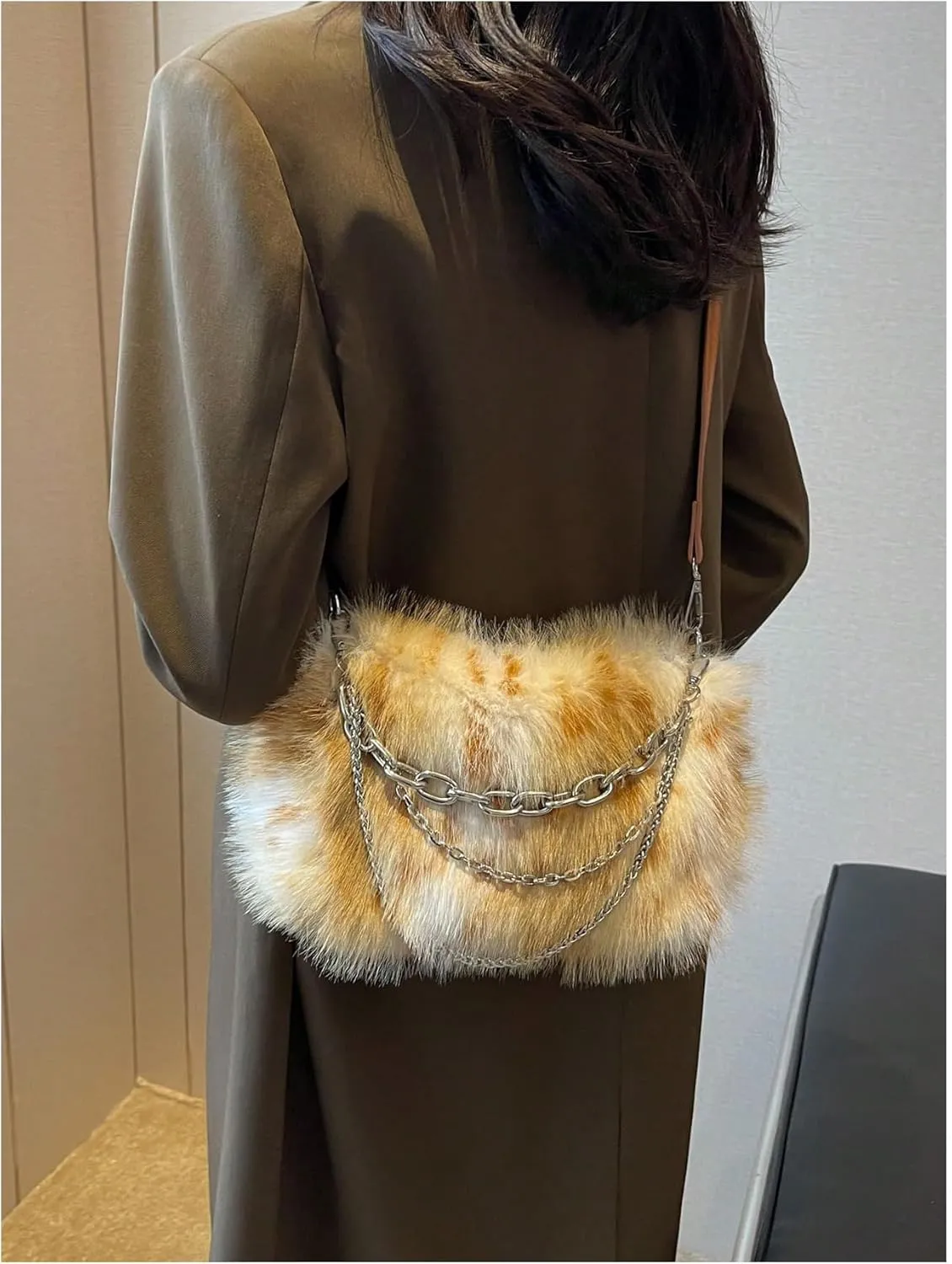 MakeMeChic Women's Faux Fur Hobo Bag Top Handle Fuzzy Shoulder Handbags Plush Square Bags Purse