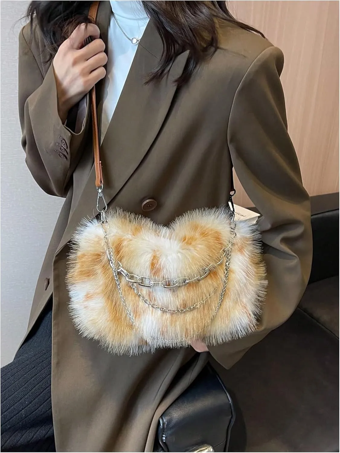 MakeMeChic Women's Faux Fur Hobo Bag Top Handle Fuzzy Shoulder Handbags Plush Square Bags Purse