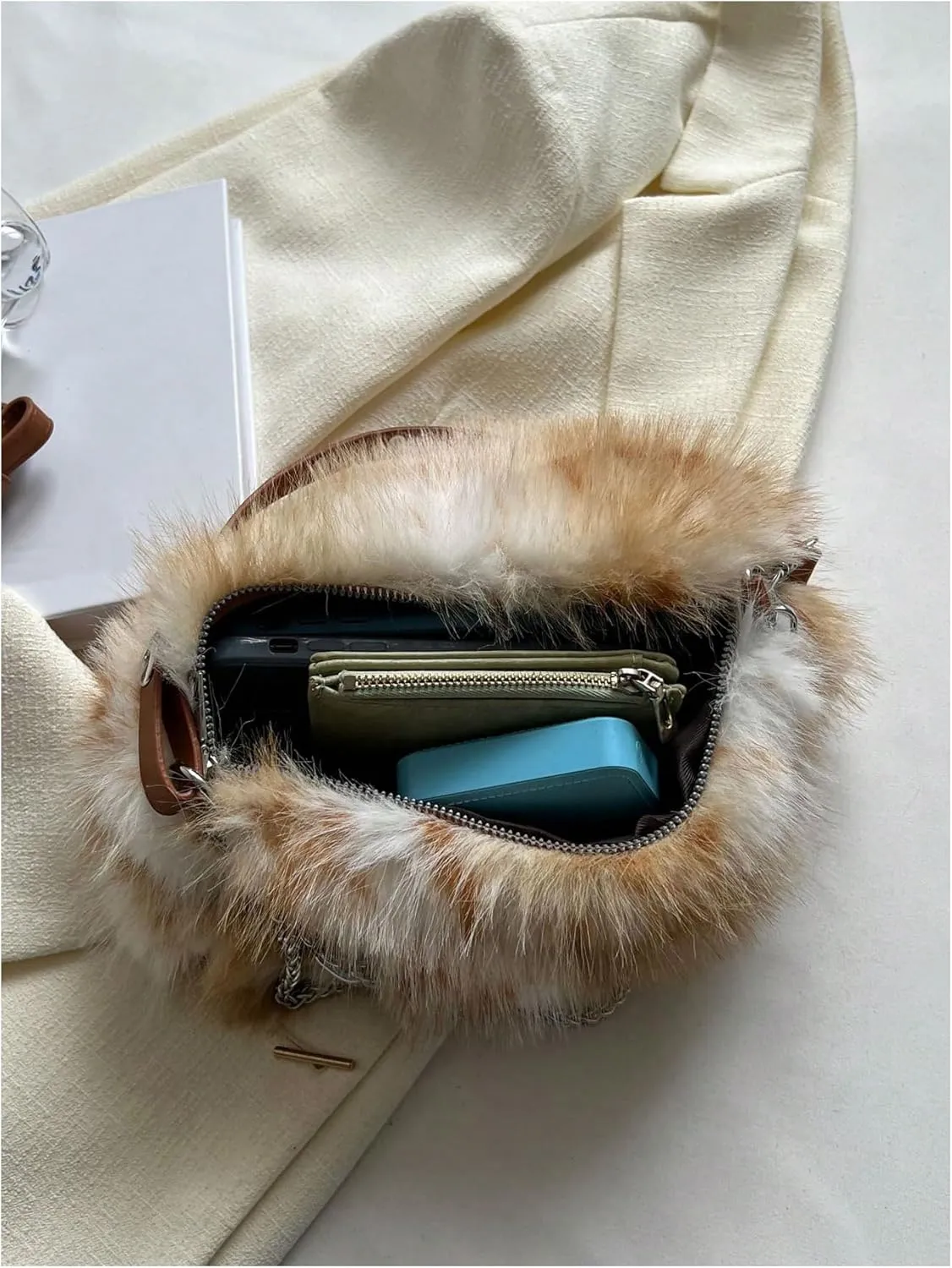 MakeMeChic Women's Faux Fur Hobo Bag Top Handle Fuzzy Shoulder Handbags Plush Square Bags Purse