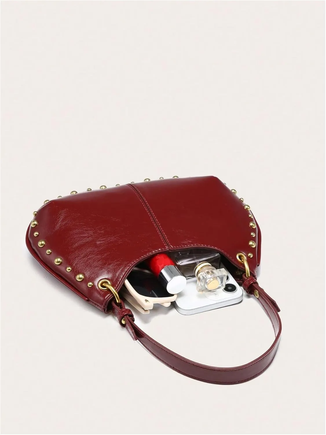 MakeMeChic Women's Faux Leather Top Handle Shoulder Bag Studded Zipper Crescent Handbag Clutch Purses