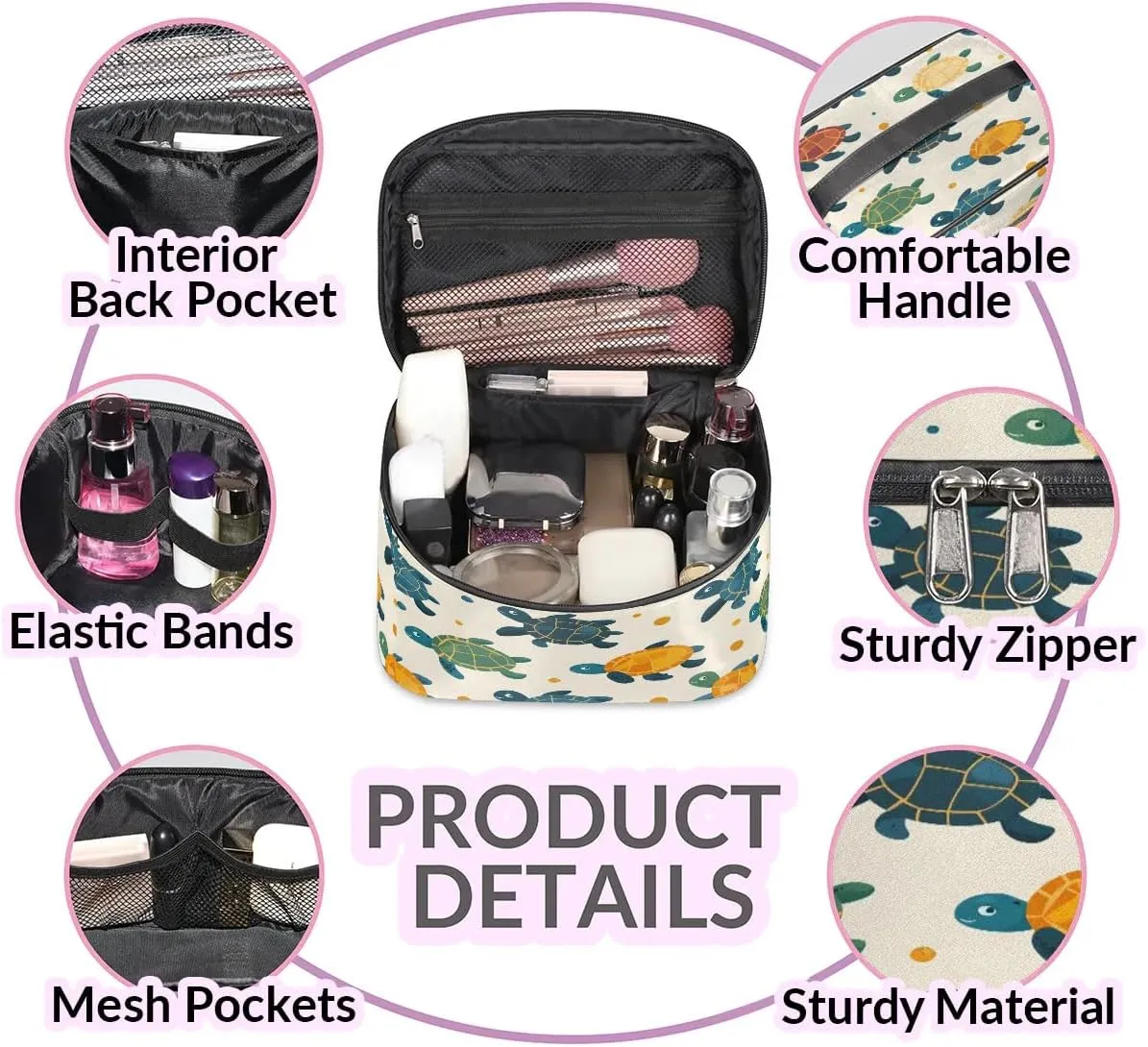 Makeup Bag Large Cute Turtles Print Toiletry Bag for Women Travel Cosmetic Bag Portable Makeup Bag for Bottles Brushes Lipstick Skin Care