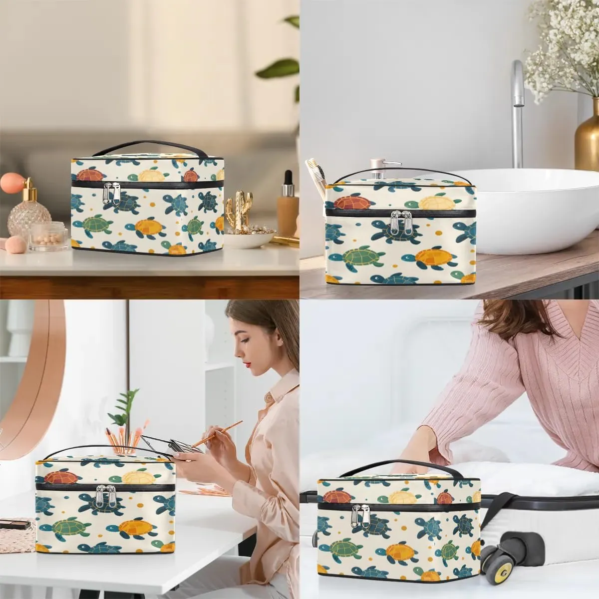 Makeup Bag Large Cute Turtles Print Toiletry Bag for Women Travel Cosmetic Bag Portable Makeup Bag for Bottles Brushes Lipstick Skin Care