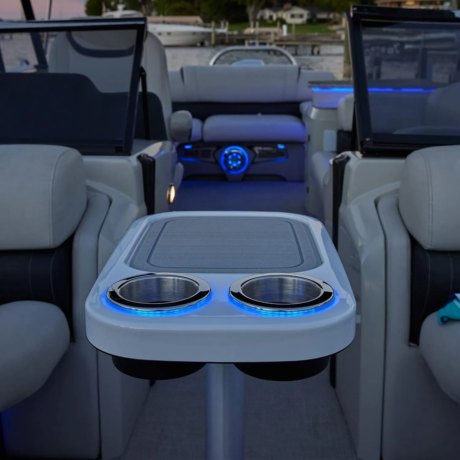 Manufacturers' Select Battery Op Lit Marine Cocktail Boat Table Leg Set with Blue LED Drink Holders Pontoon Accessories, Pedestal Table