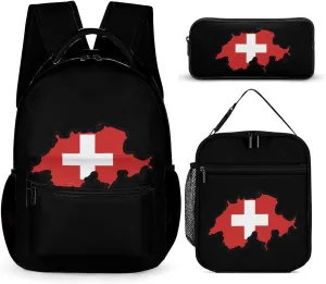 Map of Switzerland Flag Unisex 3 Pcs Backpack Combination Set 16 in Daypack Insulated Lunch Bag Portable Pencil Case
