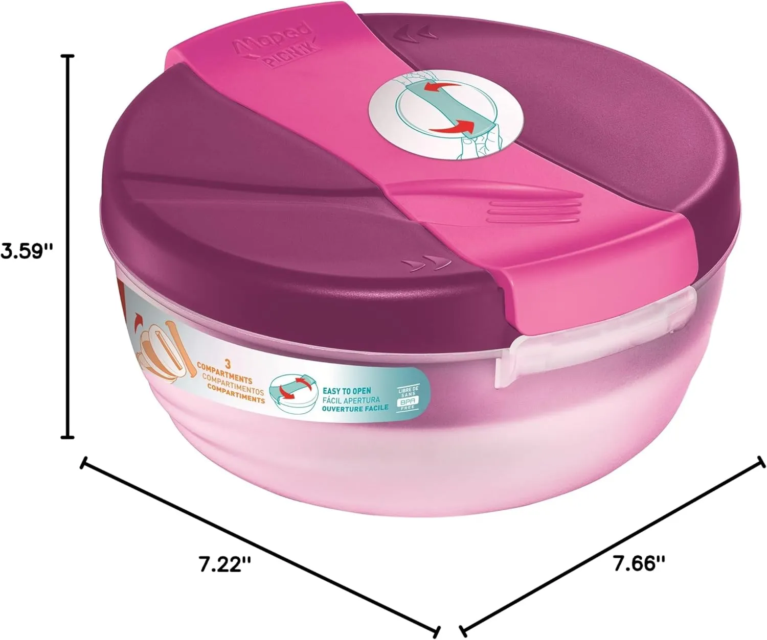 Maped Picnik Origins Large Capacity Lunch Bowl 1.4L Lunch Box 3 Compartments, 1 Removable Easy Opening Ideal for Full Meals Pink
