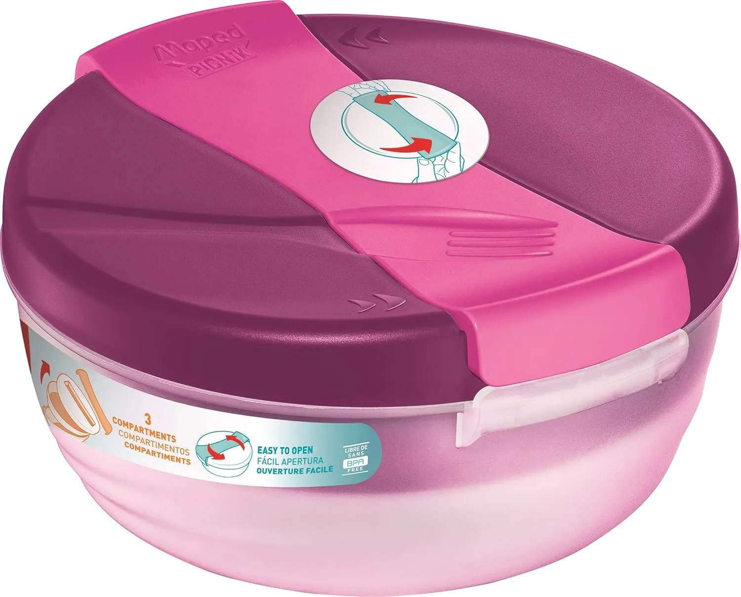 Maped Picnik Origins Large Capacity Lunch Bowl 1.4L Lunch Box 3 Compartments, 1 Removable Easy Opening Ideal for Full Meals Pink