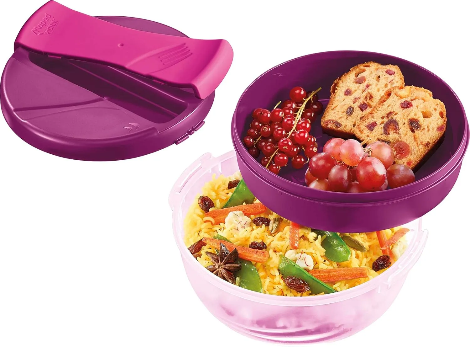 Maped Picnik Origins Large Capacity Lunch Bowl 1.4L Lunch Box 3 Compartments, 1 Removable Easy Opening Ideal for Full Meals Pink