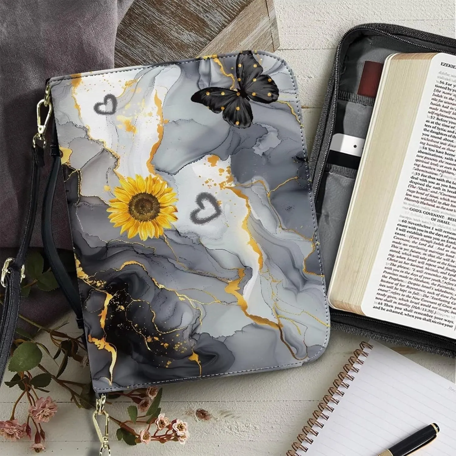 Marble Butterfly Sunflower Pattern Case - Multifunctional Bible Case, Large Capacity Crossbody Bag - Christian Bible Accessories, 2XL