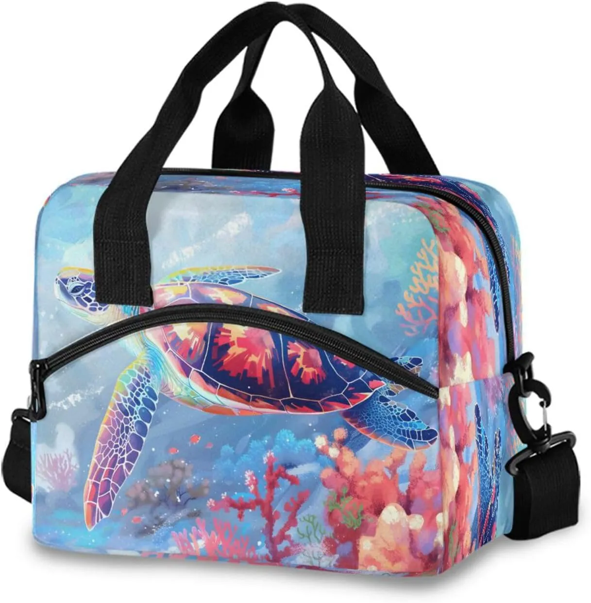 Marine Turtle Coral Lunch Box for Men Women Adults Insulated Lunch Bag Cooler Bag with Adjustable Shoulder Strap for Work Picnic Travel