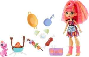 Mattel Cave Club Blazin' BBQ Adventure Playset with Emberly Doll (8 – 10-inch, Pink Hair), Dinosaur Pet and Storytelling Accessories with Cooking Theme, Gift for 4 Year Olds and Up