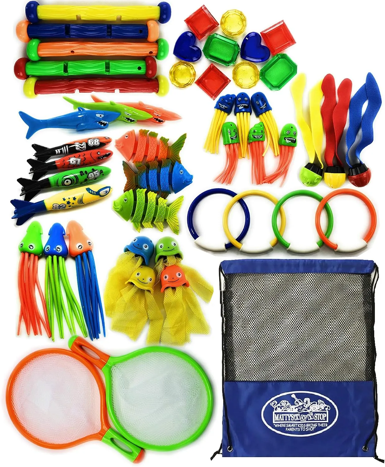 Matty's Toy Stop 47 Piece Super Ultimate Dive Set for Diving/Swimming Pools Featuring Dive Sticks, Dive Rings, Gems, Balls, Fish, Torpedo, Shark, Octopus, Jellyfish, Fishing Nets & Bonus Storage Bag
