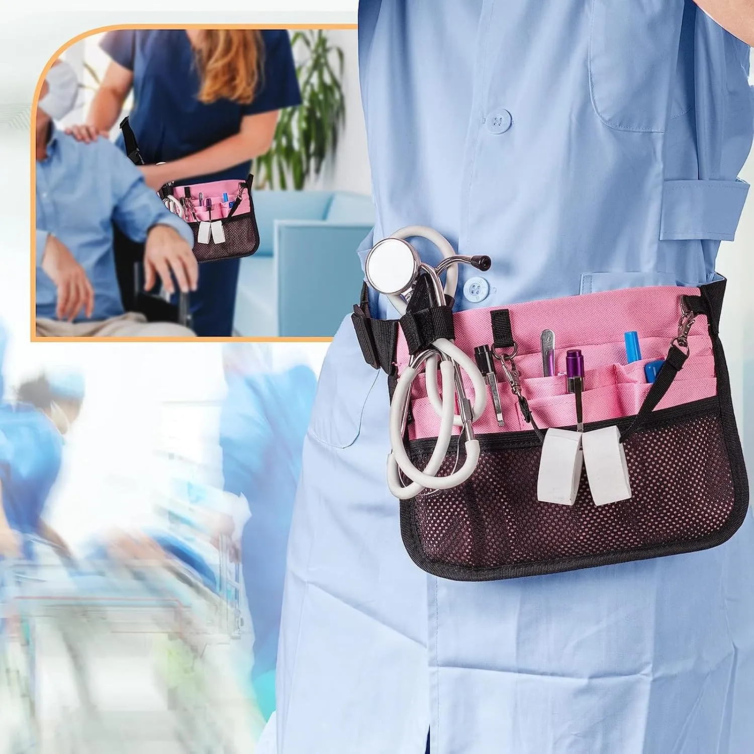 Meichoon Nurse Waist Bag with Gear Pockets with Multi-Compartment Tool Strap Practical with Medical Equipment Pocket and Tape Holder for Stethoscope Bandage Scissors or other Supplies Pink