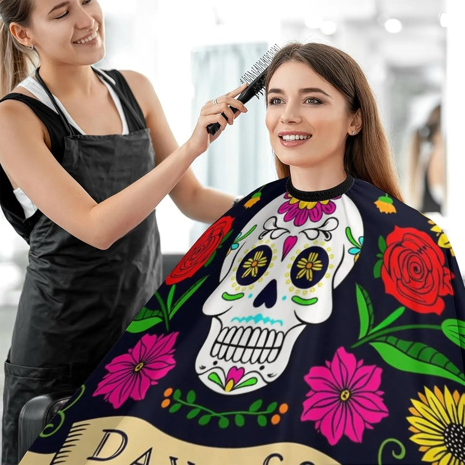 Men Multi Colorful Flowers Sugar Skull Art Salon Cape - Extra Large Haircut Apron for Hairdressers, Haircut Tools