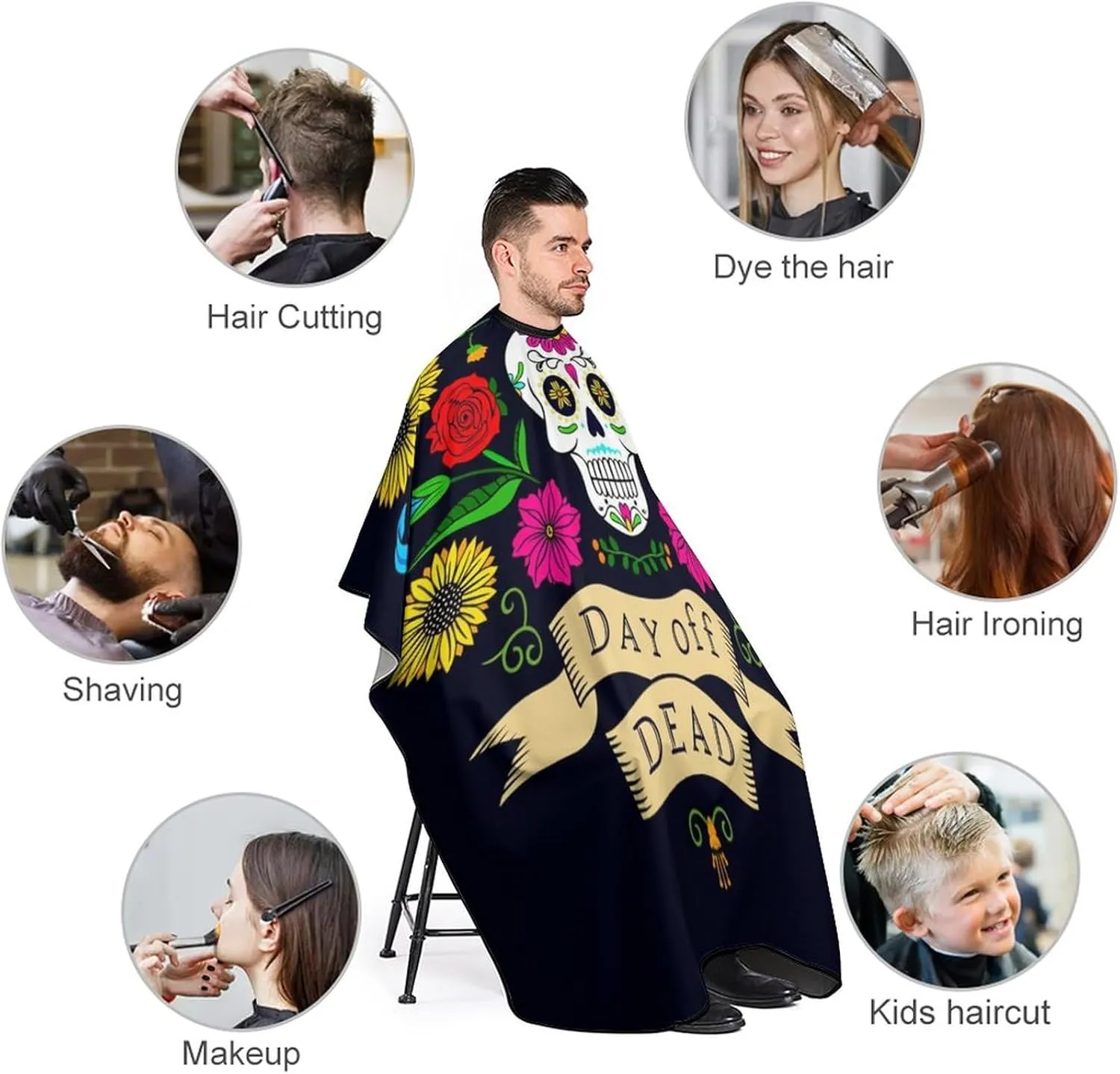 Men Multi Colorful Flowers Sugar Skull Art Salon Cape - Extra Large Haircut Apron for Hairdressers, Haircut Tools