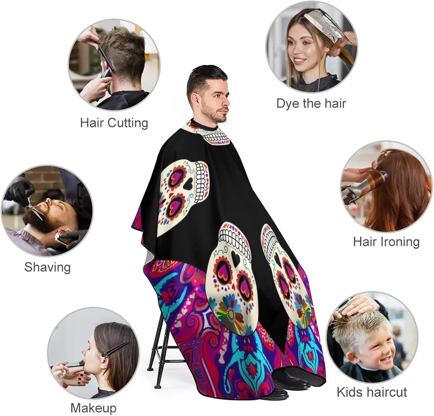 Men Women Dead Sugar Skull Flowers Art Hair Styling Cape - Full Coverage Professional Hair Cutting Apron for Hair Dye, Easy Clean