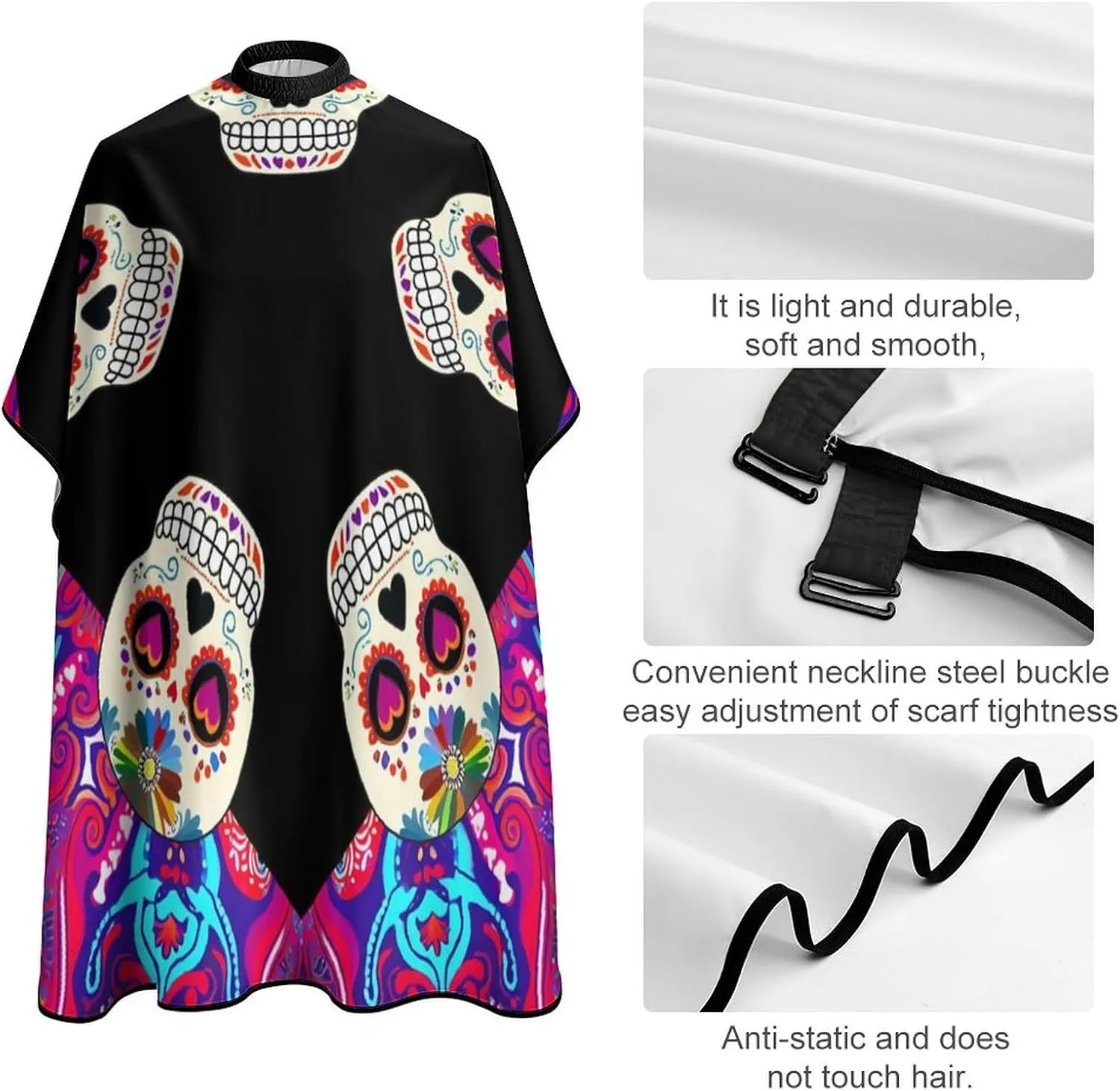 Men Women Dead Sugar Skull Flowers Art Hair Styling Cape - Full Coverage Professional Hair Cutting Apron for Hair Dye, Easy Clean