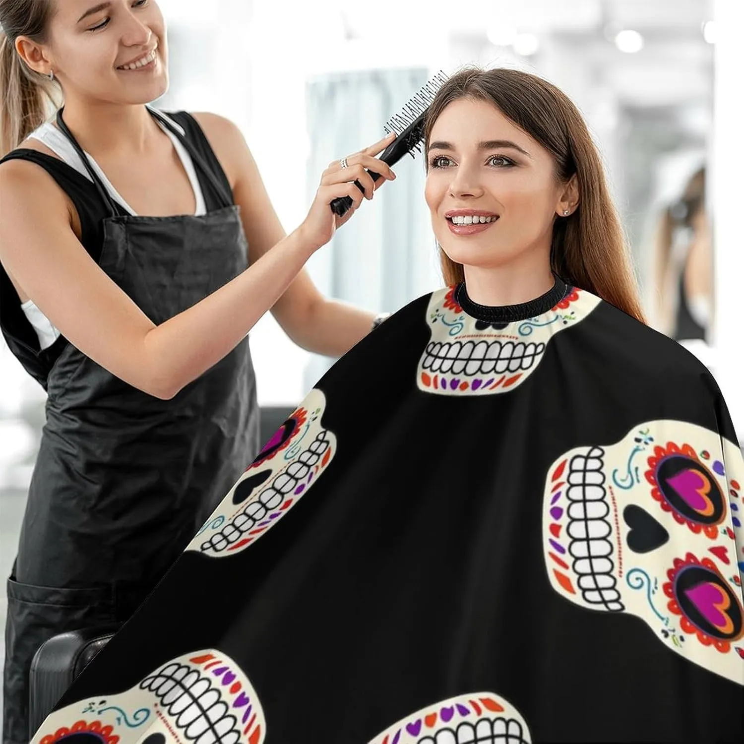 Men Women Dead Sugar Skull Flowers Art Hair Styling Cape - Full Coverage Professional Hair Cutting Apron for Hair Dye, Easy Clean