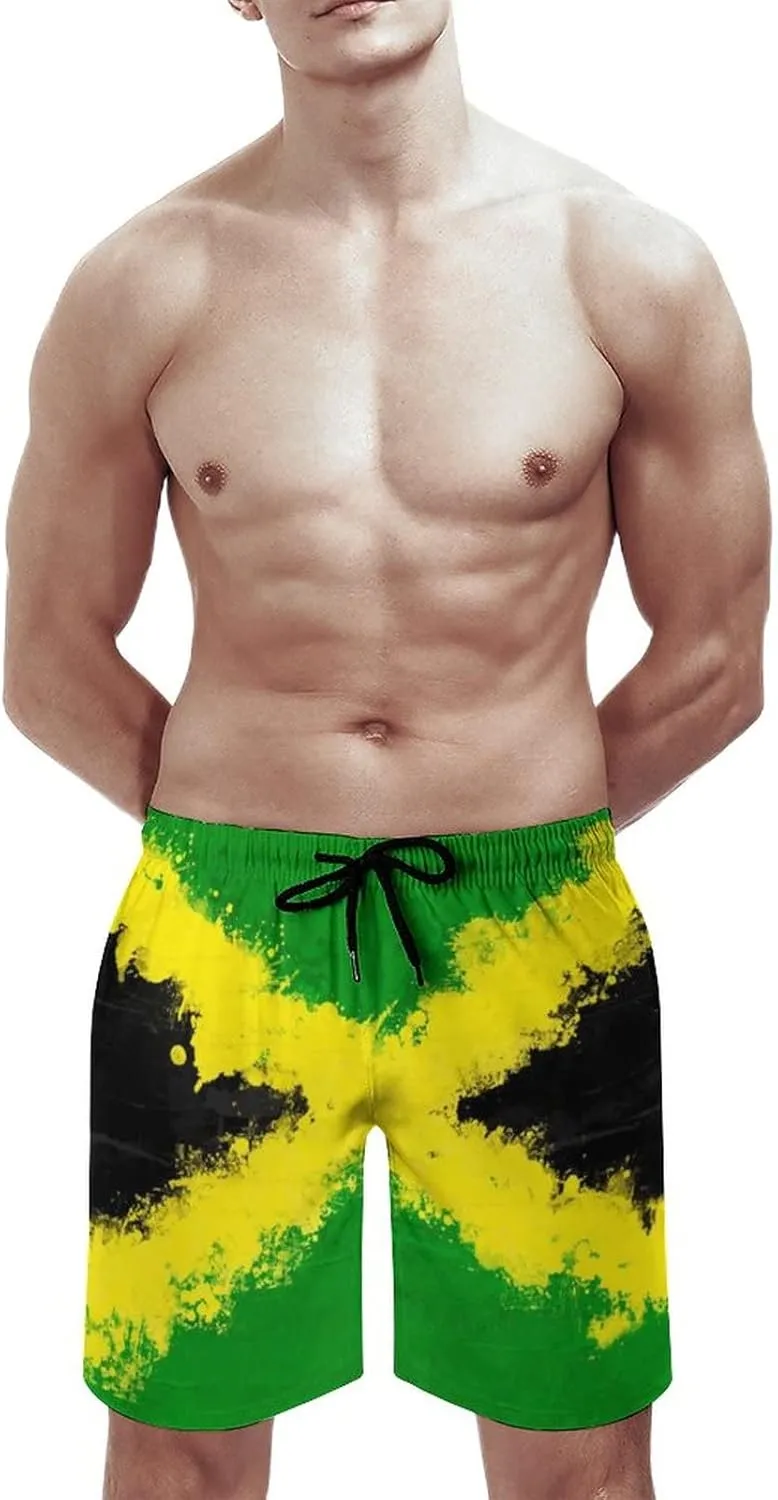 Mens Jamaican Flag Swim Trunks Quick Dry Board Shorts with Mesh Lining