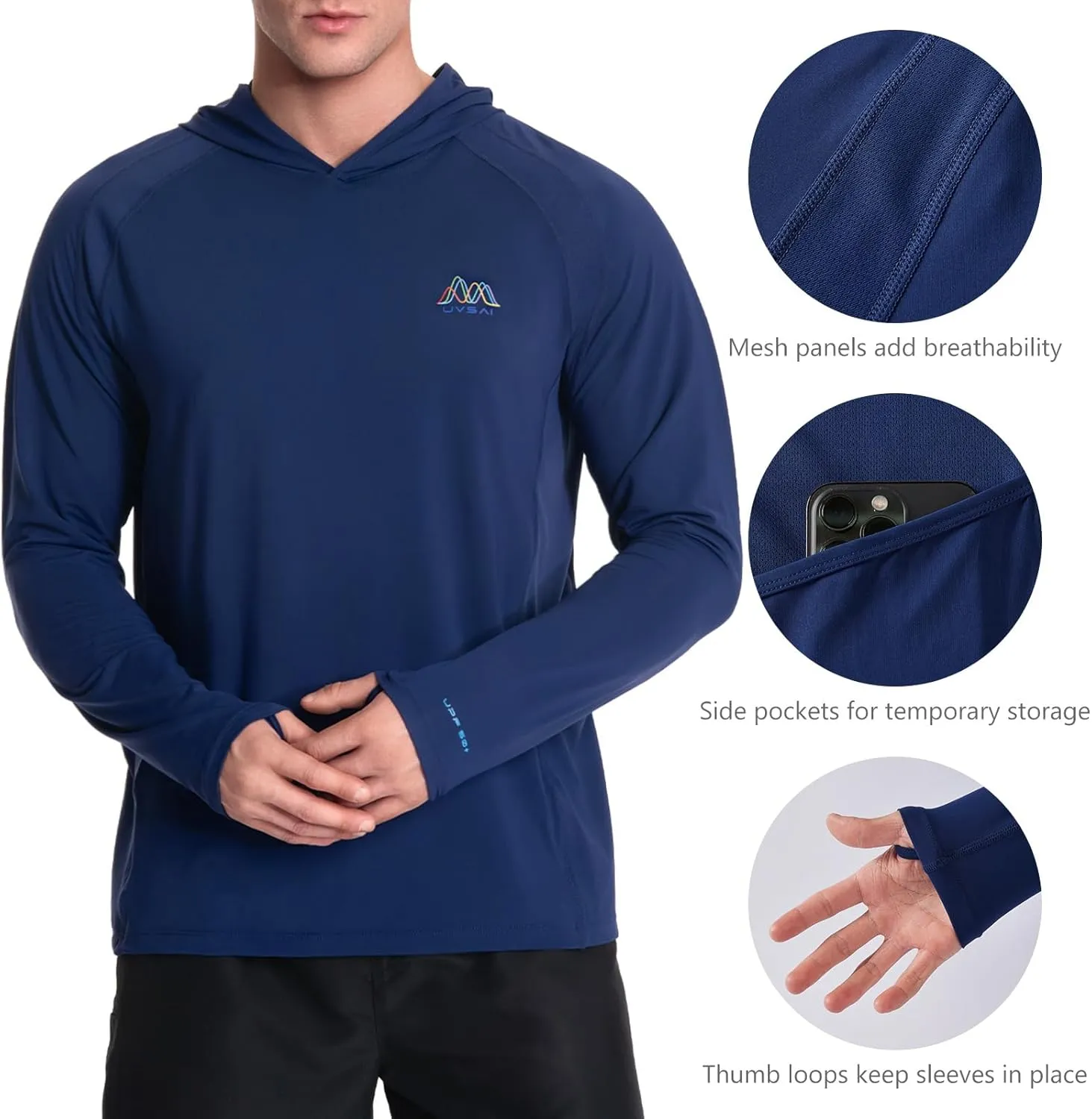 Men’s UPF 50  Hoodie Shirt Long Sleeve Permanent UV Sun Protection Vented Tee Performance for Outdoor Hiking Fishing