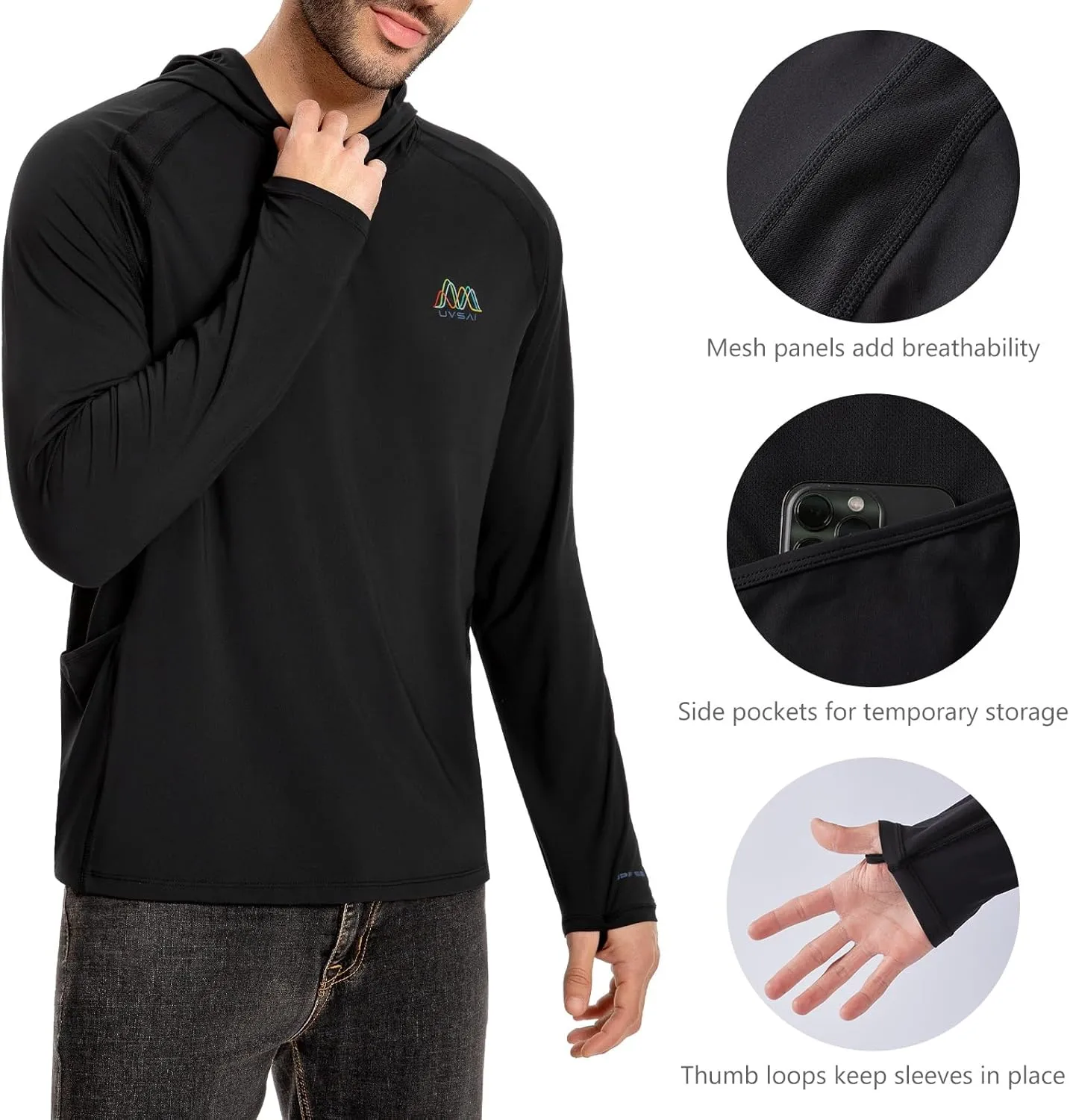 Men’s UPF 50  Hoodie Shirt Long Sleeve Permanent UV Sun Protection Vented Tee Performance for Outdoor Hiking Fishing