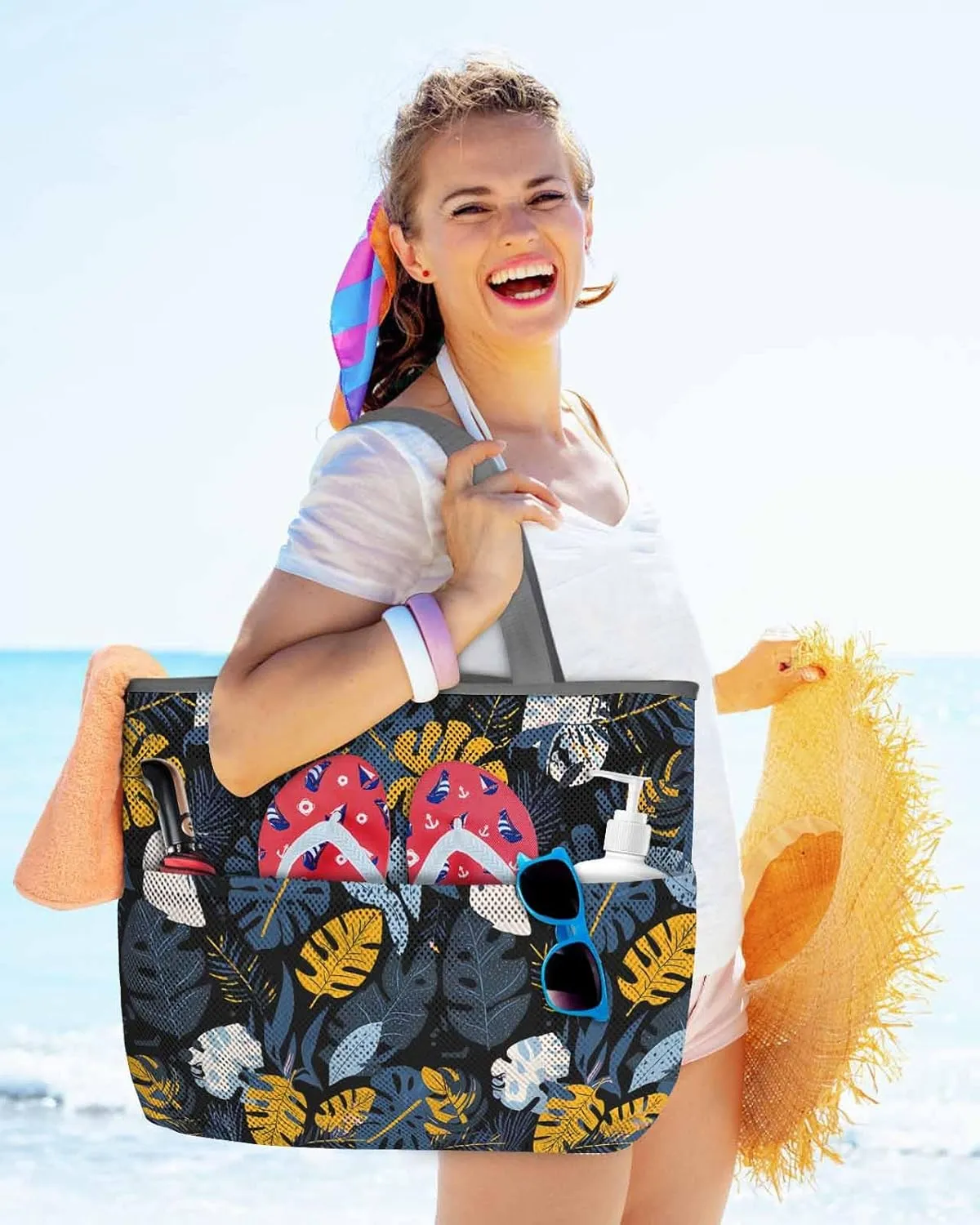 Mesh Beach Bag Oversized Tote Bags for Women Boho Blue Gold Leaves on Black Large Bags for Travel Pool Grocery