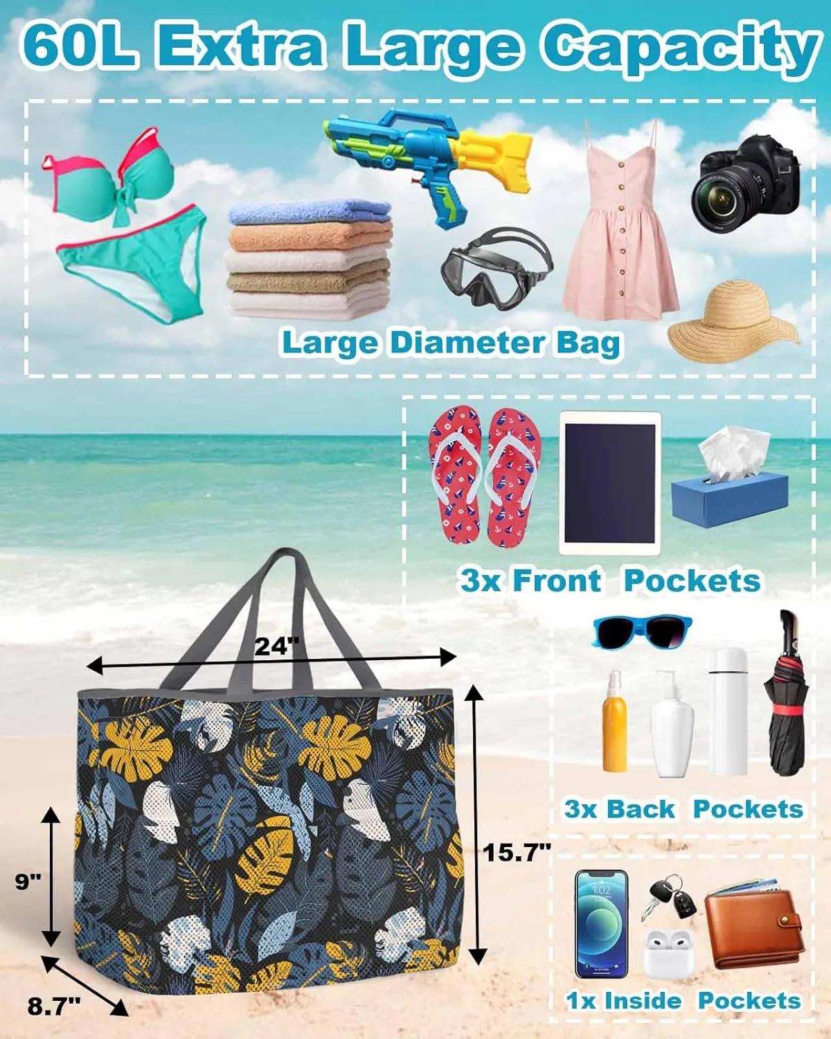 Mesh Beach Bag Oversized Tote Bags for Women Boho Blue Gold Leaves on Black Large Bags for Travel Pool Grocery