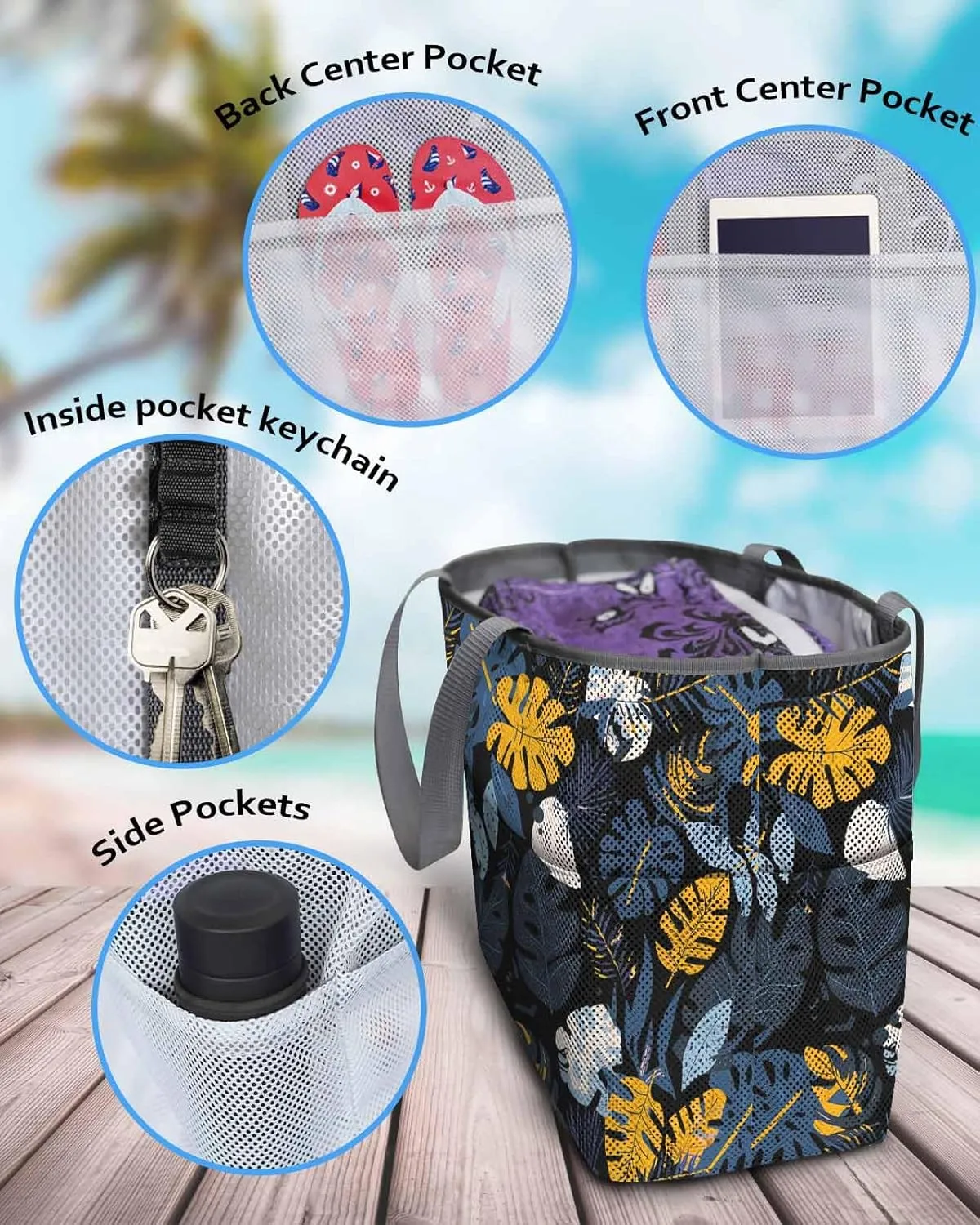 Mesh Beach Bag Oversized Tote Bags for Women Boho Blue Gold Leaves on Black Large Bags for Travel Pool Grocery
