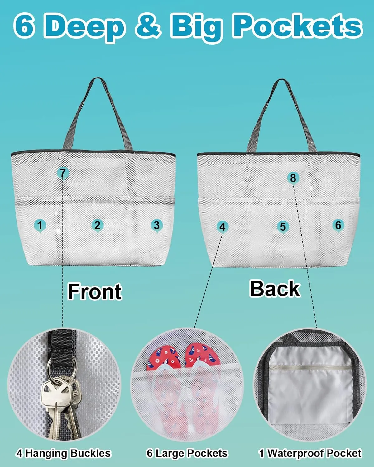 Mesh Beach Bag Oversized Tote Bags for Women Boho Blue Gold Leaves on Black Large Bags for Travel Pool Grocery