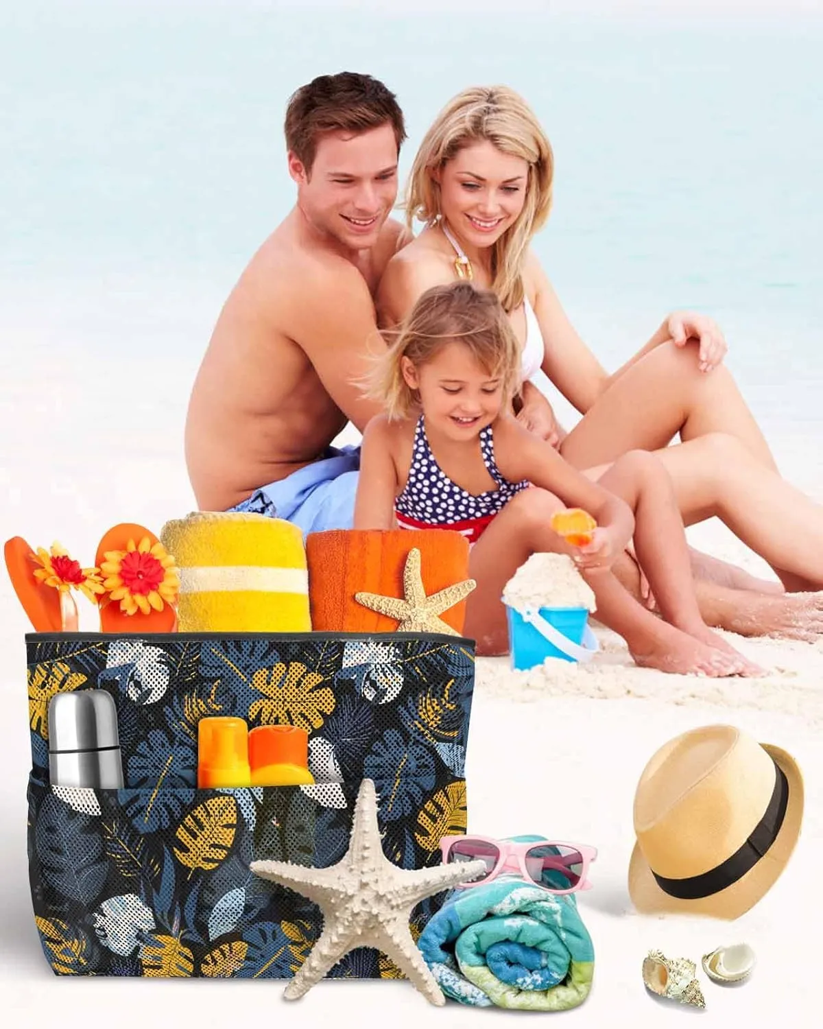 Mesh Beach Bag Oversized Tote Bags for Women Boho Blue Gold Leaves on Black Large Bags for Travel Pool Grocery