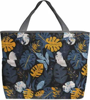 Mesh Beach Bag Oversized Tote Bags for Women Boho Blue Gold Leaves on Black Large Bags for Travel Pool Grocery