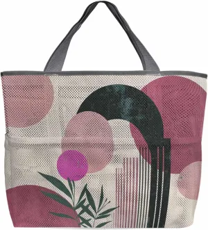 Mesh Beach Bag Oversized Tote Bags for Women Boho Color Block on Vintage Linen Large Bags for Travel Pool Grocery