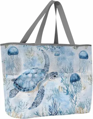 Mesh Beach Bag Oversized Tote Bags for Women Sea Turtle Jellyfish Blue Coral Large Travel Pool Bags with 8 Pockets