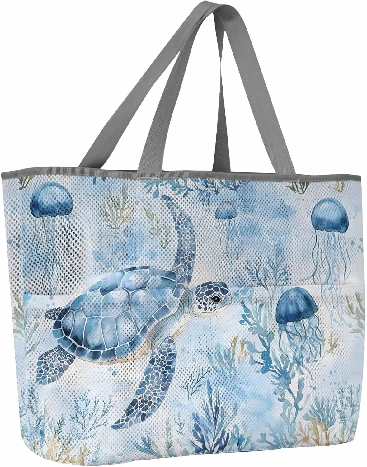 Mesh Beach Bag Oversized Tote Bags for Women Sea Turtle Jellyfish Blue Coral Large Travel Pool Bags with 8 Pockets