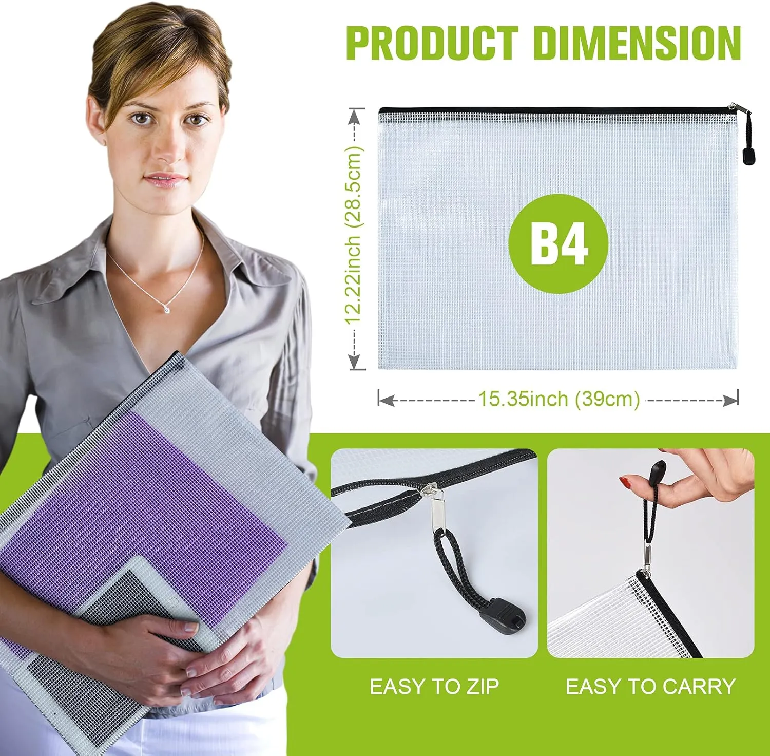 Mesh Zipper Pouch, 6PCS Waterproof Plastic Mesh ZipperBag, B4 Size Tear-Resistant Document Pouch, Extra Large Zip File Bags, for School Office Supplies Home Travel Storage(15.35×11.22 Inch)