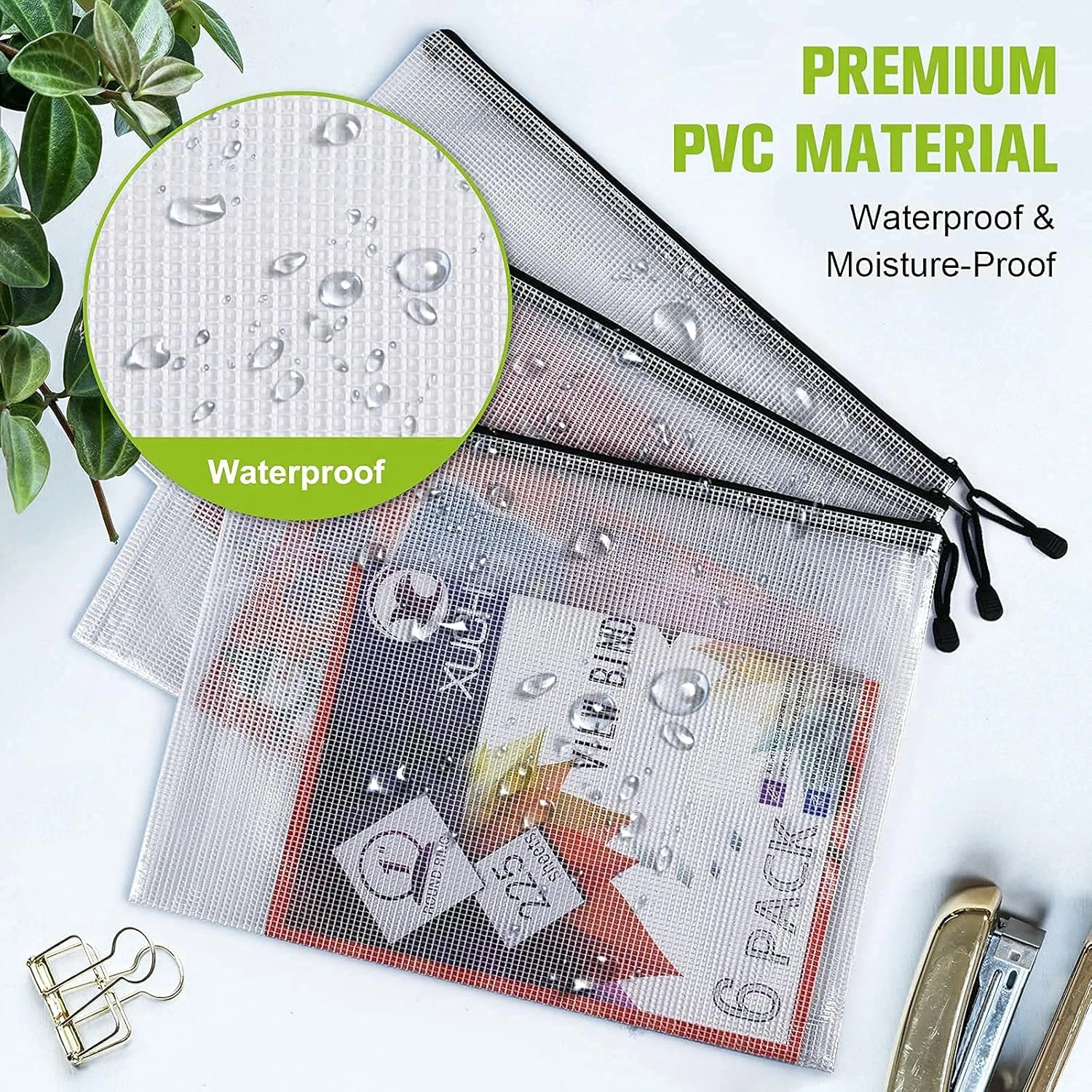 Mesh Zipper Pouch, 6PCS Waterproof Plastic Mesh ZipperBag, B4 Size Tear-Resistant Document Pouch, Extra Large Zip File Bags, for School Office Supplies Home Travel Storage(15.35×11.22 Inch)