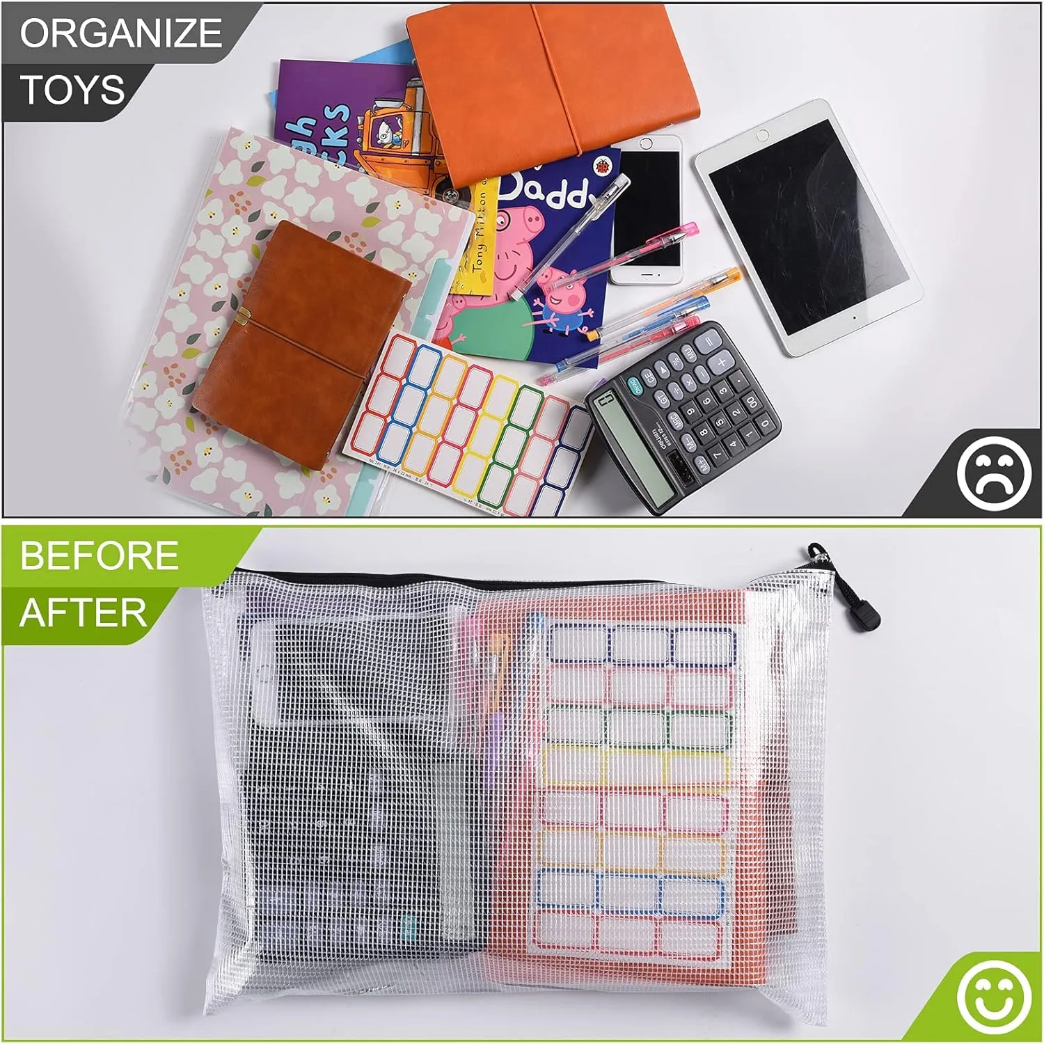Mesh Zipper Pouch, 6PCS Waterproof Plastic Mesh ZipperBag, B4 Size Tear-Resistant Document Pouch, Extra Large Zip File Bags, for School Office Supplies Home Travel Storage(15.35×11.22 Inch)