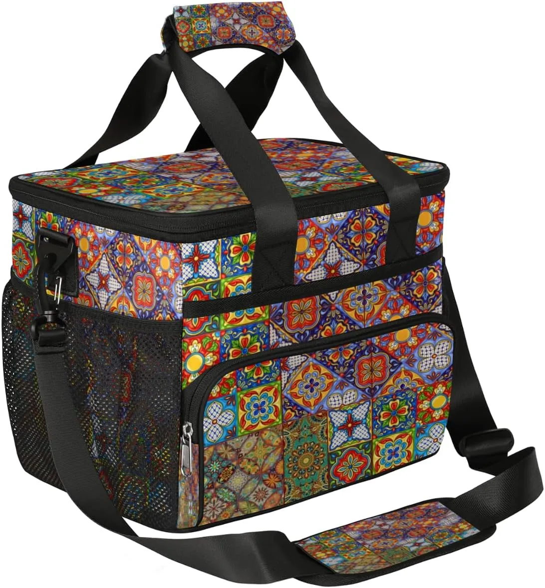 Mexican Folk Tiles Large Insulated Lunch Bag for Men Women 15.4L Soft Cooler Bag Ornamental Art Insulated Leak Proof Lunch Box with Adjustable Shoulder Strap for Adult Office, Beach, Picnic, Travel