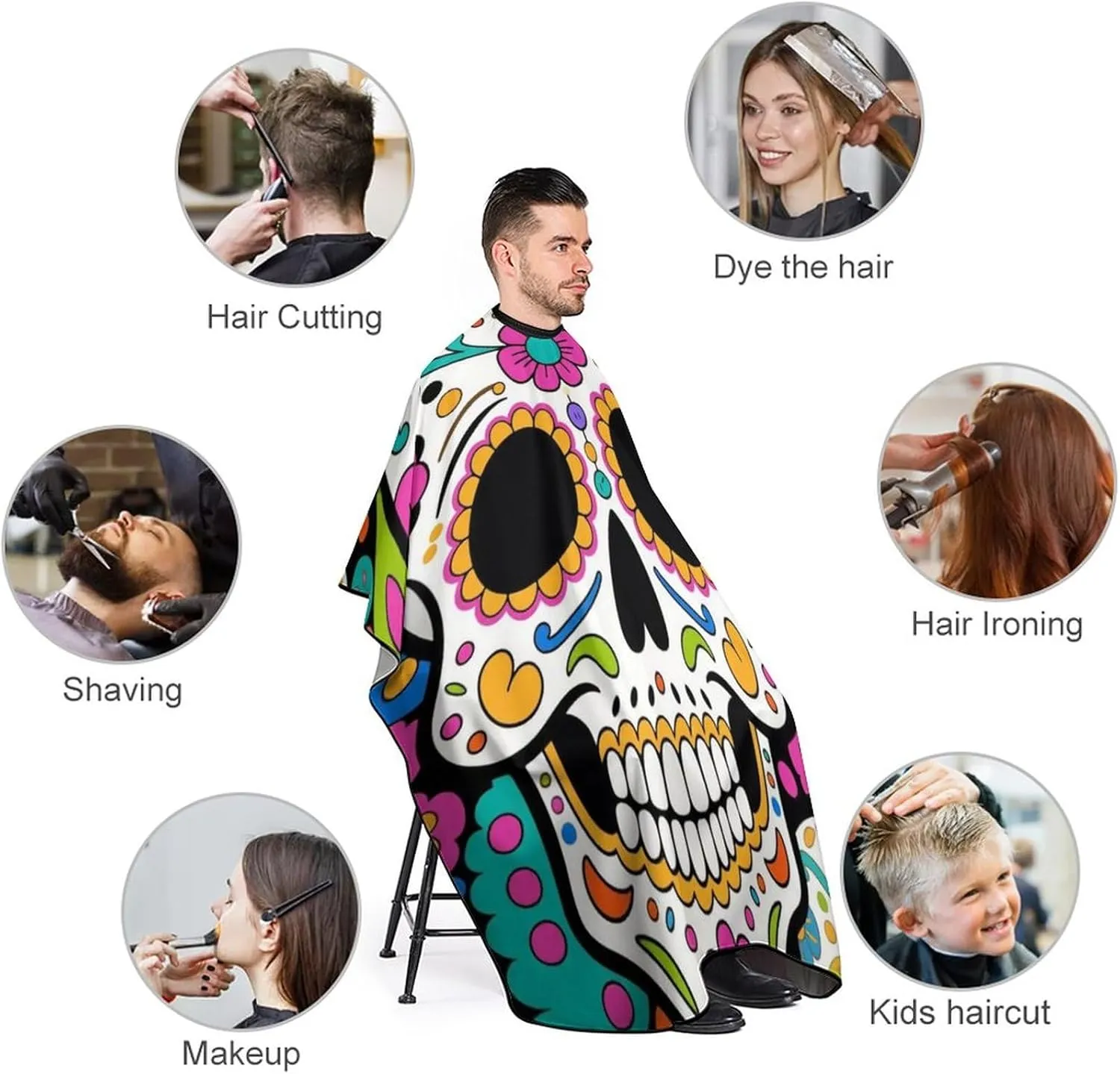 Mexican Sugar Skull Flower Art Hairdresser Cape Hair-Cutting Gown - Large Long Haircut Apron for Hair Cutting & Styling, Haircut Tools