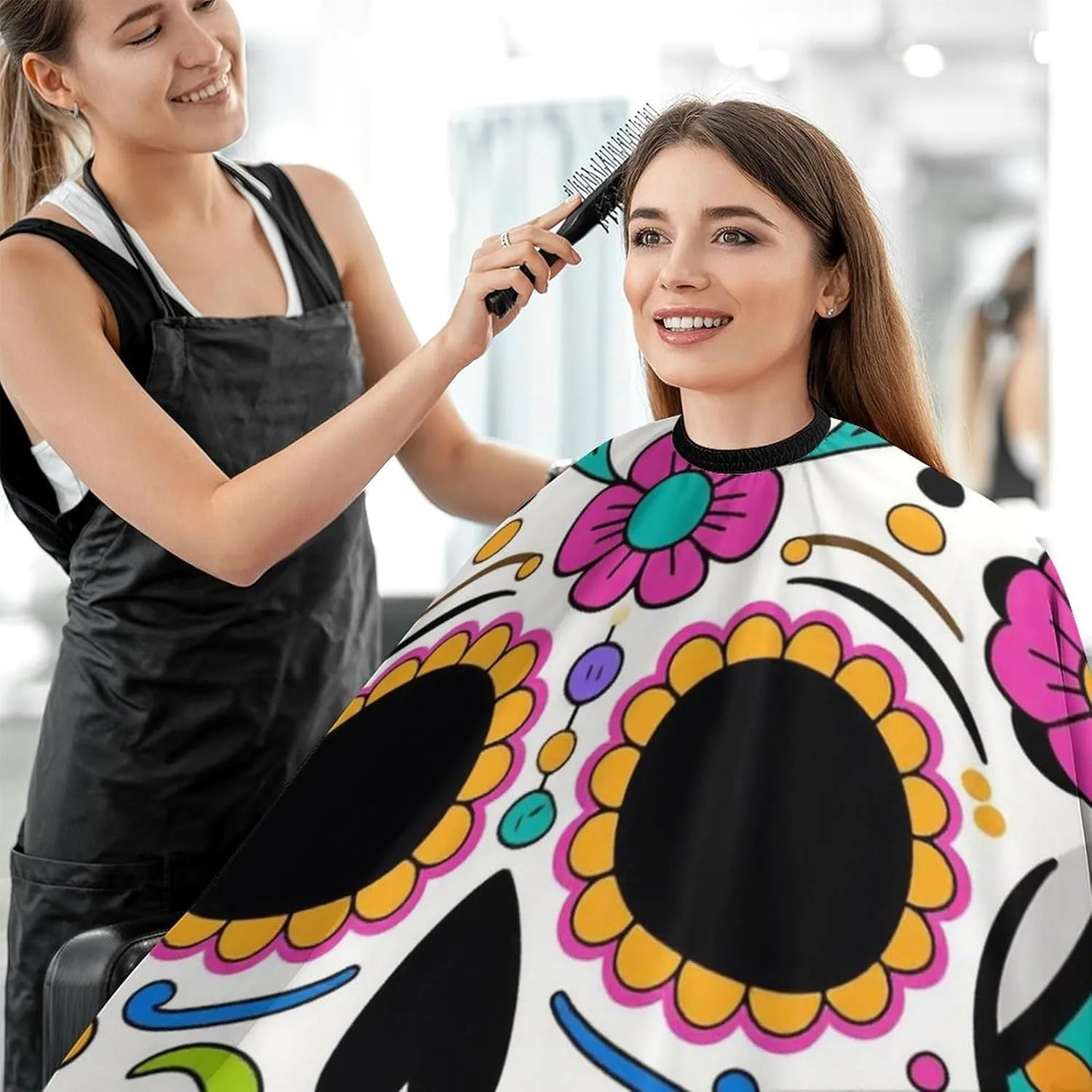 Mexican Sugar Skull Flower Art Hairdresser Cape Hair-Cutting Gown - Large Long Haircut Apron for Hair Cutting & Styling, Haircut Tools
