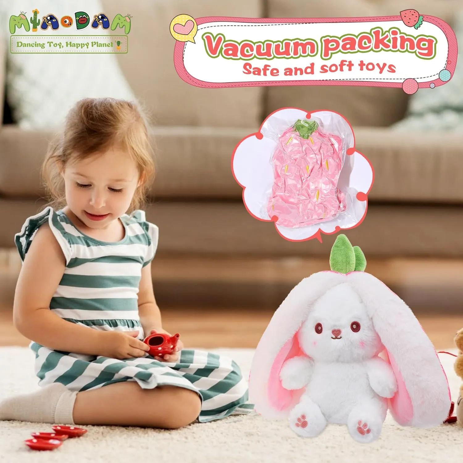 MIAODAM Bunny Stuffed Animal Reversible Cuddle Bunny Stuffed,Strawberry Bunny Transformed Rabbit Plush Zipper,Carrot That Turns Into Ears Bunnies Plushies Toy Cute Stuffy Doll Easter Girlfriend Gift