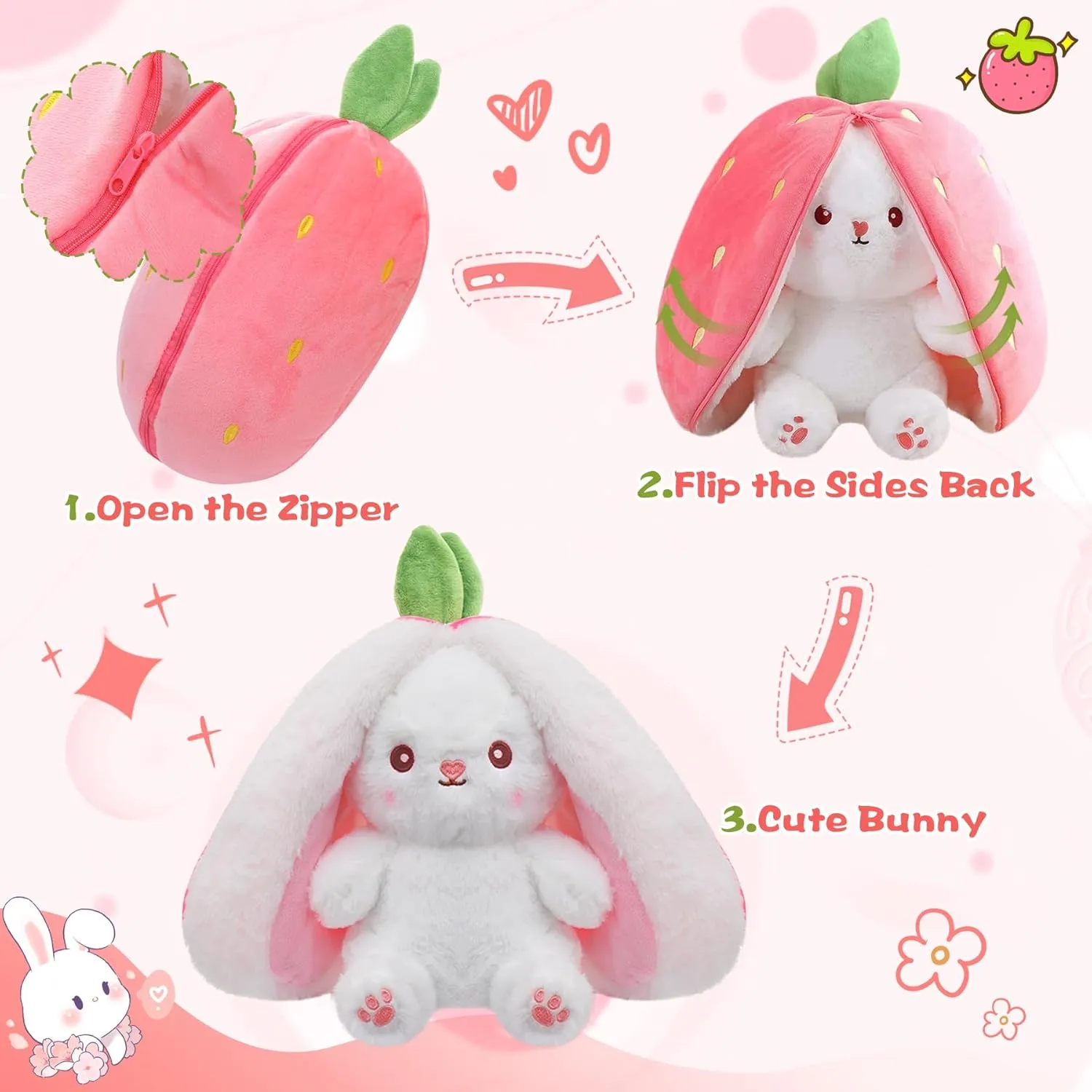 MIAODAM Bunny Stuffed Animal Reversible Cuddle Bunny Stuffed,Strawberry Bunny Transformed Rabbit Plush Zipper,Carrot That Turns Into Ears Bunnies Plushies Toy Cute Stuffy Doll Easter Girlfriend Gift