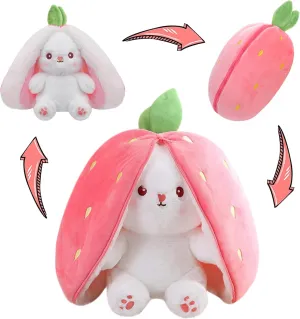 MIAODAM Bunny Stuffed Animal Reversible Cuddle Bunny Stuffed,Strawberry Bunny Transformed Rabbit Plush Zipper,Carrot That Turns Into Ears Bunnies Plushies Toy Cute Stuffy Doll Easter Girlfriend Gift