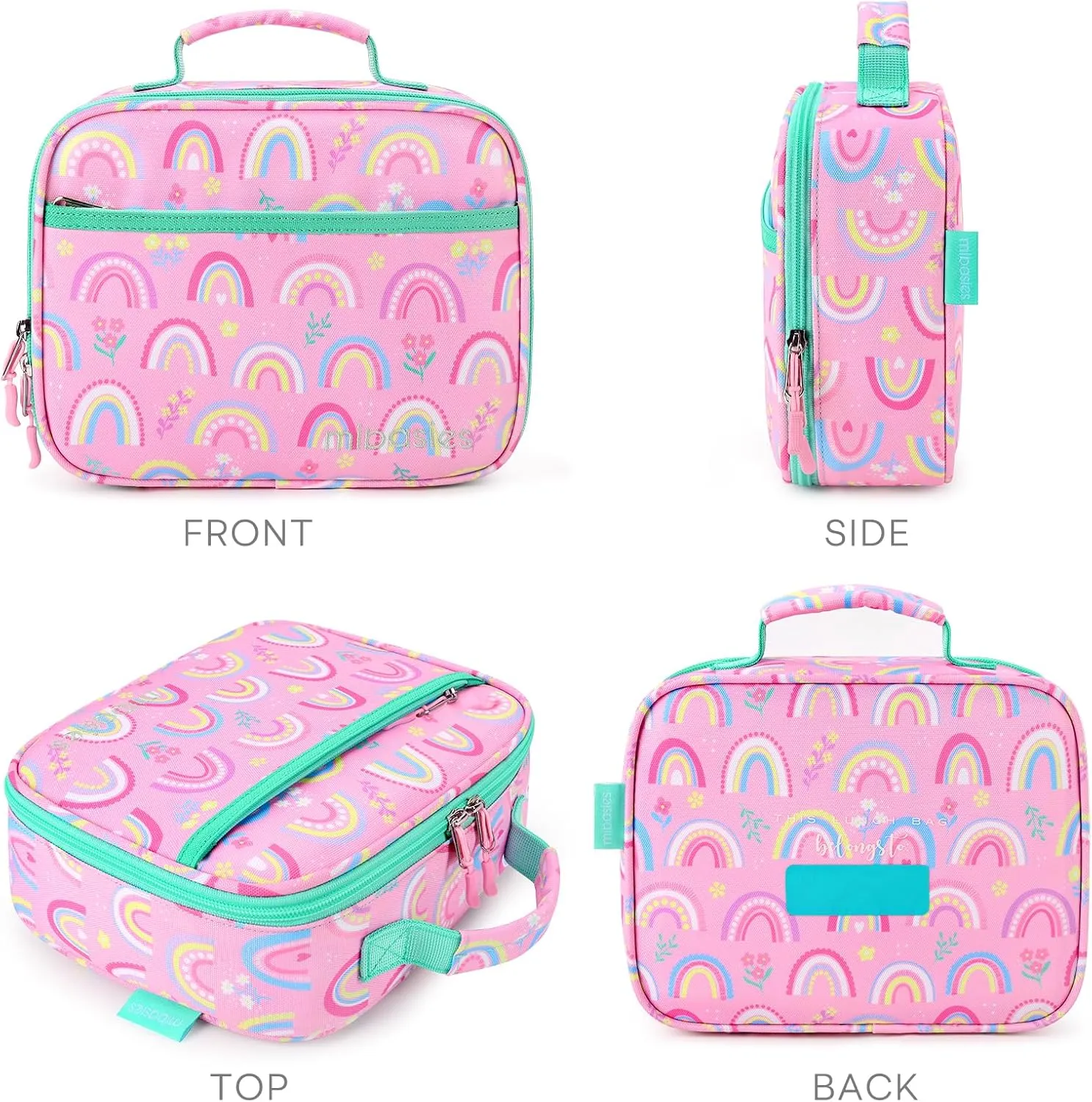 mibasies Kids Lunch Box for Girls Toddler, Insulated and Reusable Lunch Bag for School, Pink Rainbow