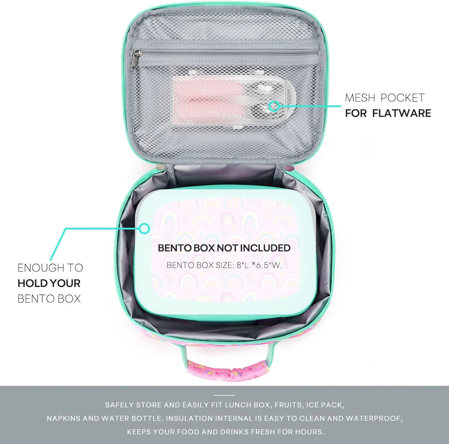 mibasies Kids Lunch Box for Girls Toddler, Insulated and Reusable Lunch Bag for School, Pink Rainbow