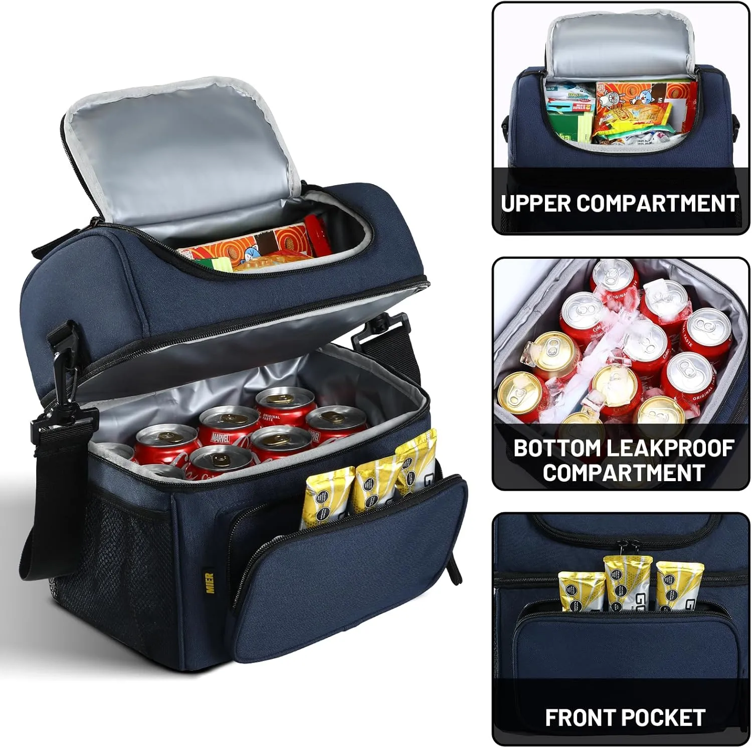 MIER Mens Insulated Lunch Box, Dual Compartment Large Lunch Bag Coolers with Shoulder Strap for Men Women Adult to Office Work, Picnic, Travel, Outdoors, Dark Blue
