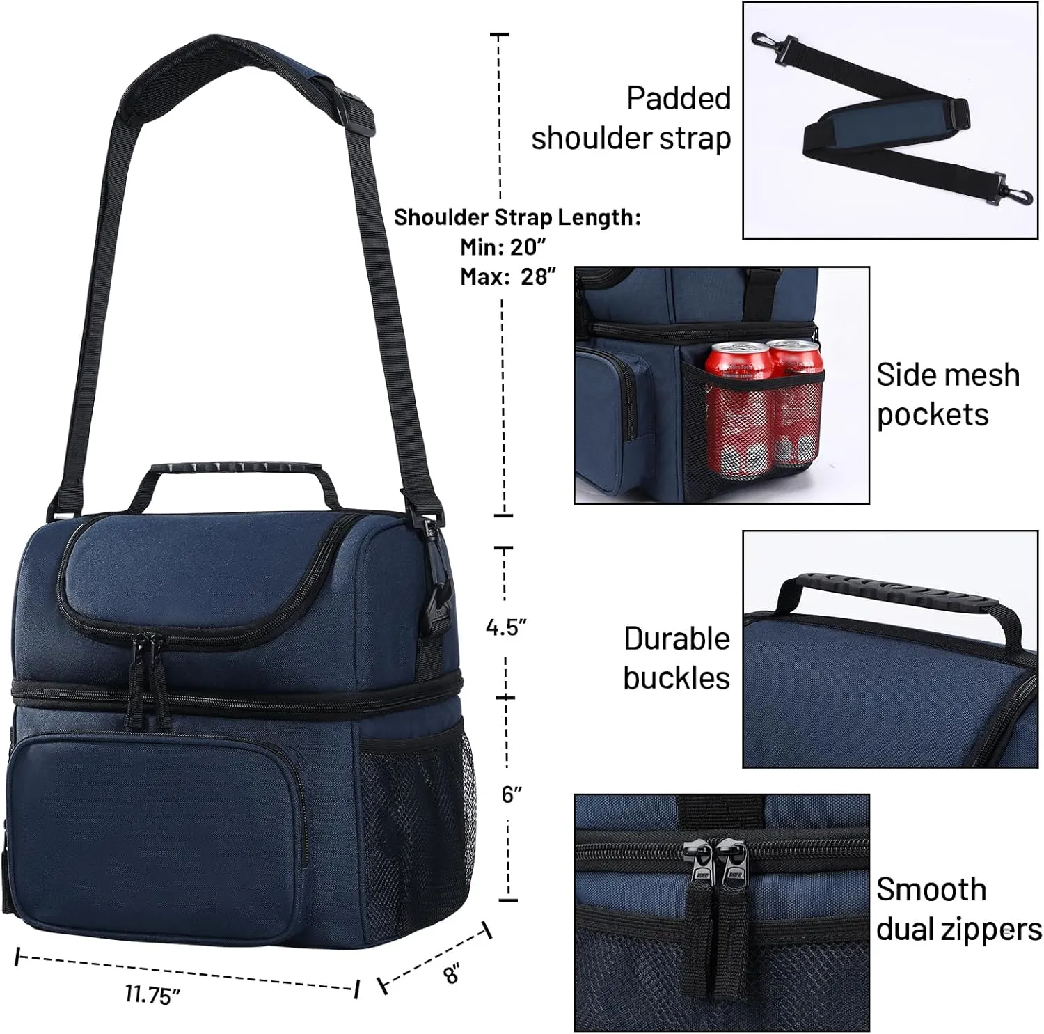 MIER Mens Insulated Lunch Box, Dual Compartment Large Lunch Bag Coolers with Shoulder Strap for Men Women Adult to Office Work, Picnic, Travel, Outdoors, Dark Blue