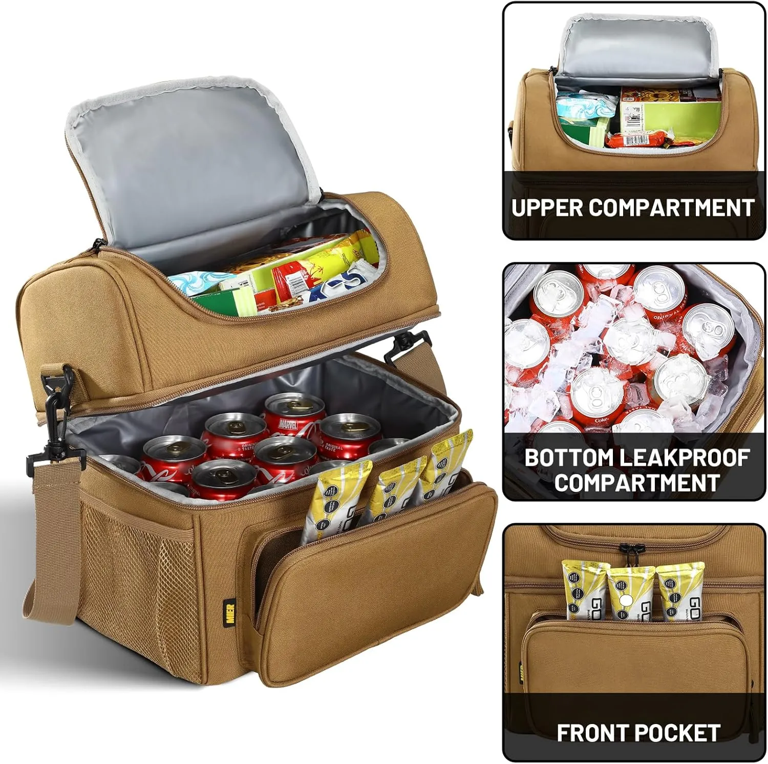 MIER Mens Insulated Lunch Box, Dual Compartment Large Lunch Bag Coolers with Shoulder Strap for Men Women Adult to Office Work, Picnic, Travel, Outdoors, Khaki